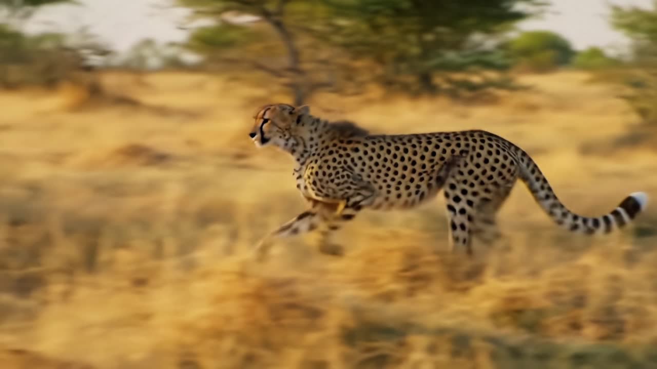 Graceful Cheetah Captured in Motion Across Golden Savanna Landscape, Highlighting the Speed and Elegance of This Iconic Big Cat in Its Natural Habitat