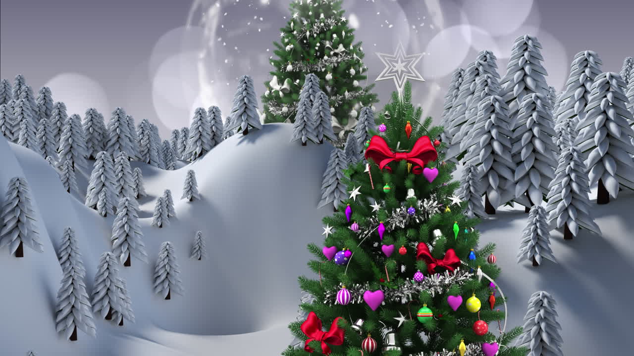 눈이 내리고 겨울 풍경 위에 장식 된 크리스마스 트리의 애니메이션
