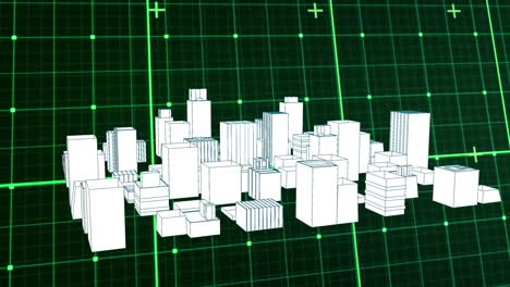 digital animation of 3d city model spinning against grid network on black background