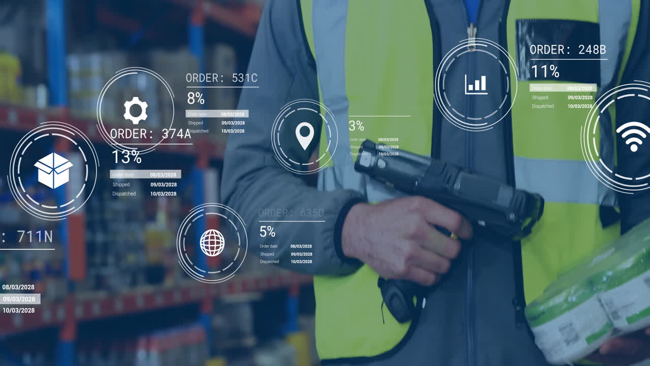 Using scanner, warehouse worker analyzing digital data with animation overlay