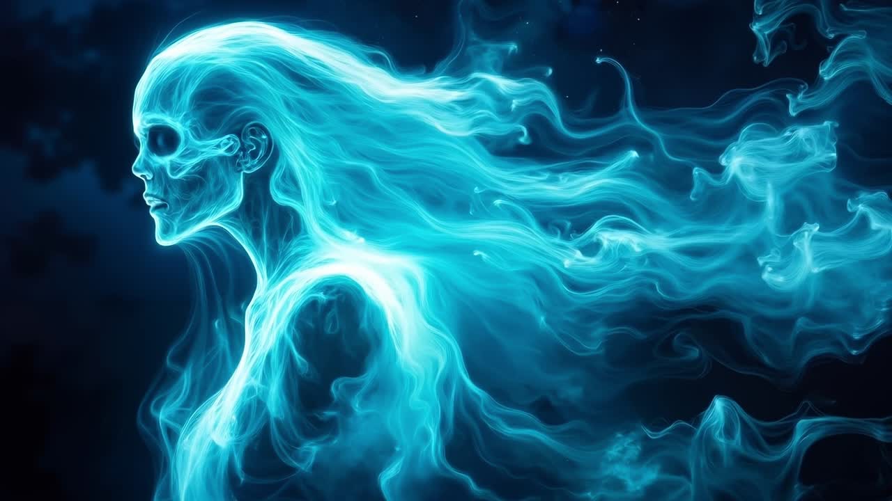 una donna con del fumo blu che le esce dalla testa.