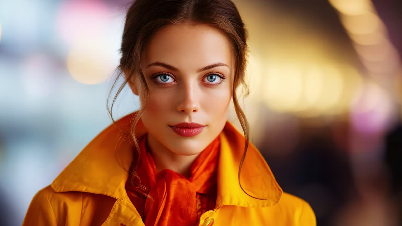 Un incredibile ritratto di una giovane donna con un vivace cappotto giallo e una sciarpa arancione che irradia sicurezza ed eleganza in un ambiente con sfondo leggermente sfocato
