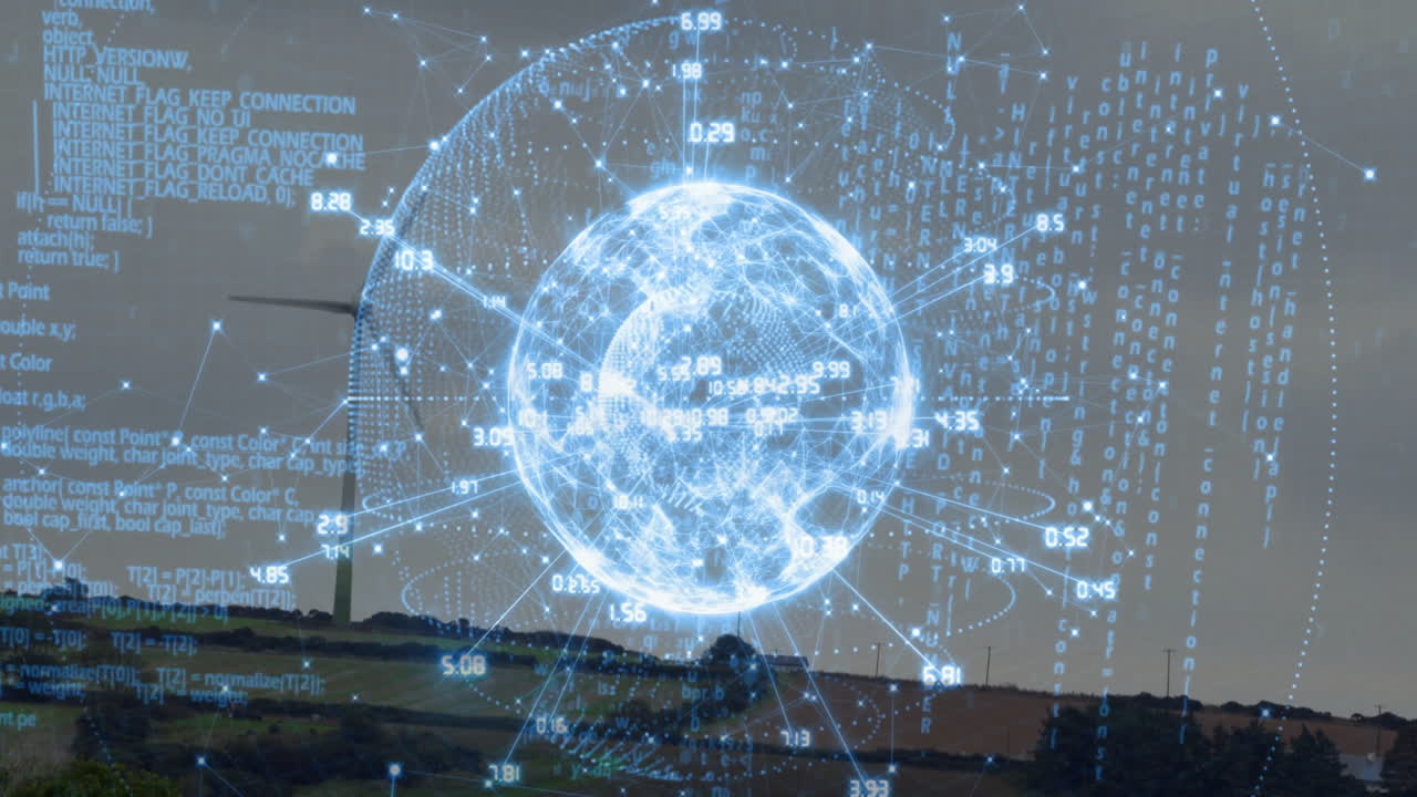Animation of digital globe with data points over rural landscape