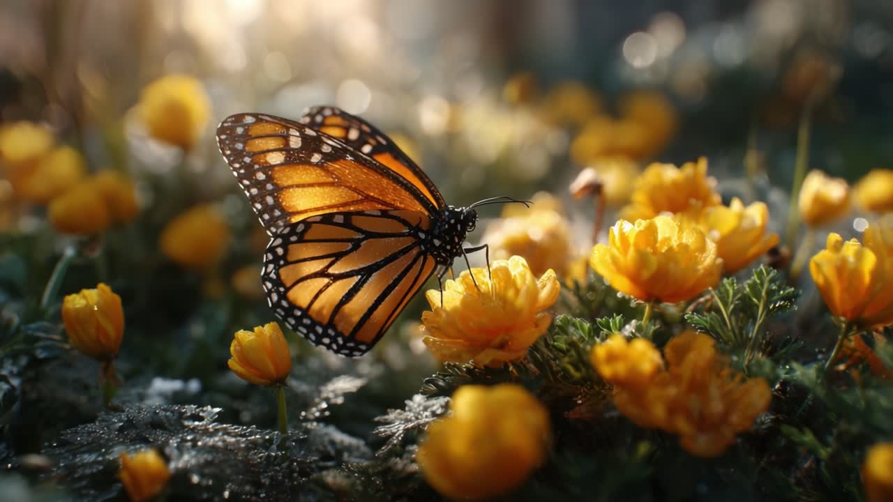 A Monarch Butterfly Gracefully Perched Among Vibrant Yellow Flowers in a Sunlit Natural Setting, Capturing the Beauty of Nature's Harmony and Renewal