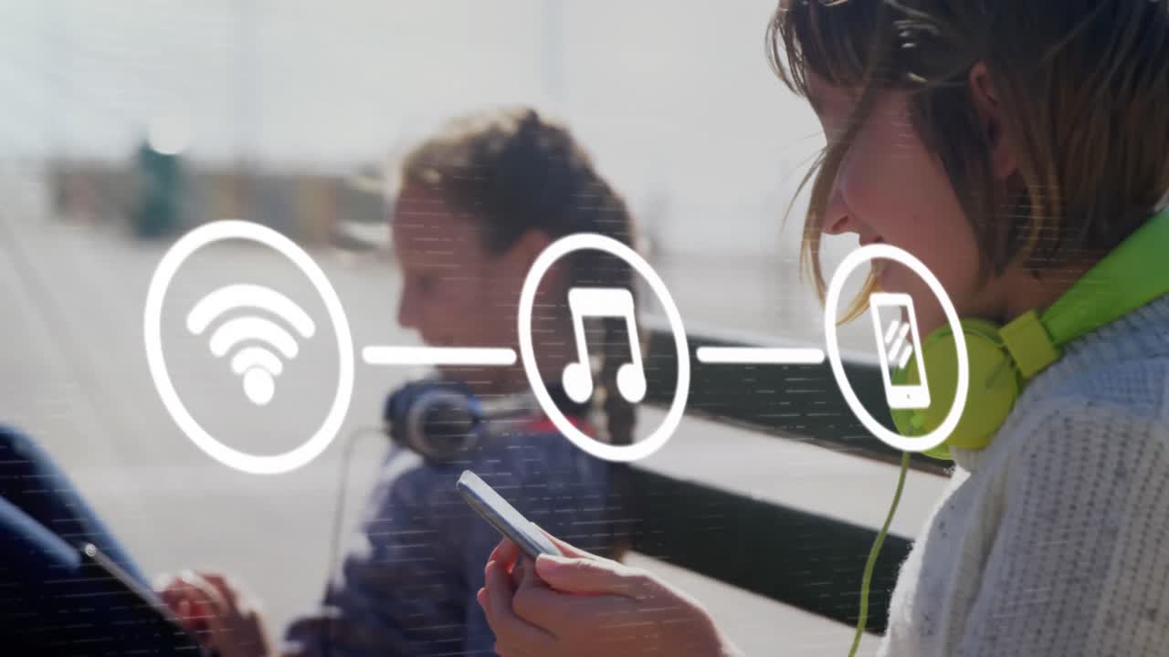 디지털 태블릿과 스마트폰을 사용하는 소녀와 소년에 대한 연결 아이콘의 네트워크