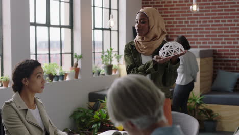 muslim business woman presenting geodesic dome model in office meeting colleagues brainstorming creative design solution discussing engineering ideas in startup workplace presentation