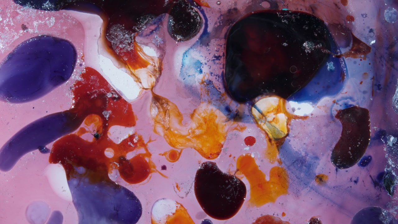 Video makro kontras tinggi partikel tinta merah dan gelap yang bercampur dalam cairan, menciptakan tekstur organik kompleks yang mengingatkan pada evolusi biologis