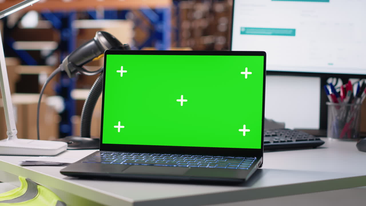 Empty warehouse depot running green screen on computer display