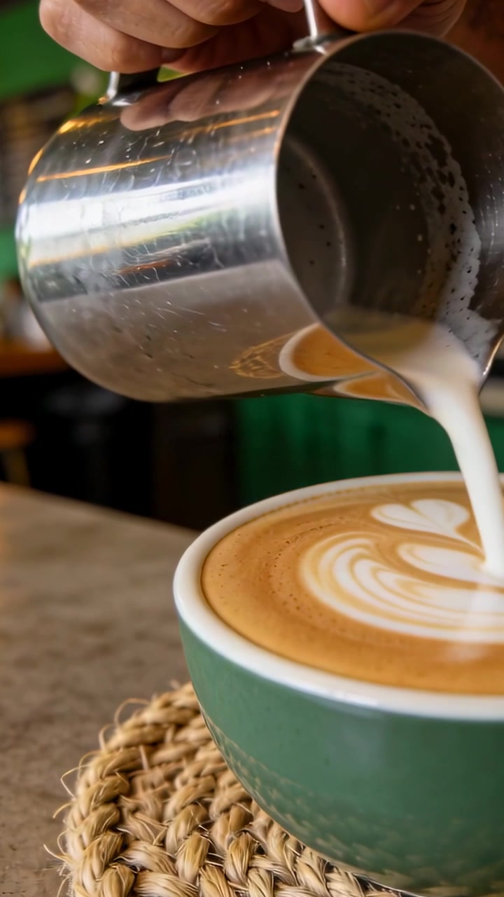 Video verticale: Barista che inclina una brocca di metallo e versa il latte in una tazza verde in un caffè, creando latte art.