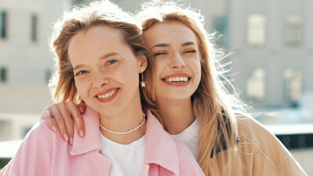 두 명의 행복한 젊은 여성들이 함께 웃고 있습니다.