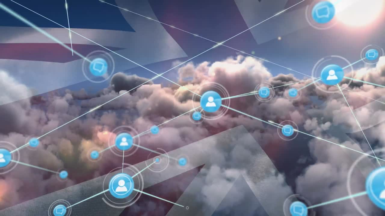 사람들과의 연결 네트워크의 애니메이션 영국  ⁇ 발 위의 아이콘, 구름이 있는 하늘