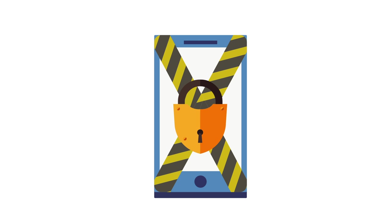 Smartphone animato con lucchetto e strisce di avvertimento per la sicurezza