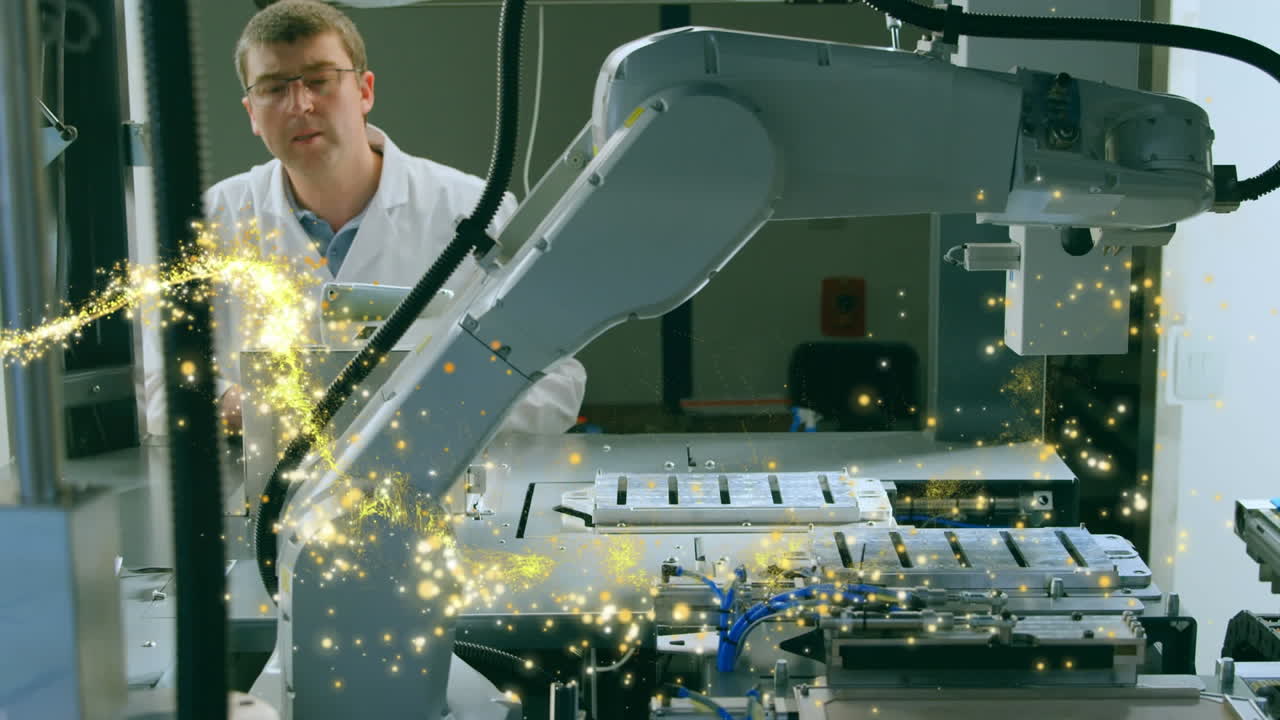 animazione di una stella cadente sopra uno scienziato maschio con robot e tablet