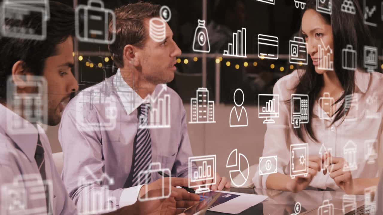 Team reviewing docs holding tablet leaning, tapping icons emerging and ML title growing over group