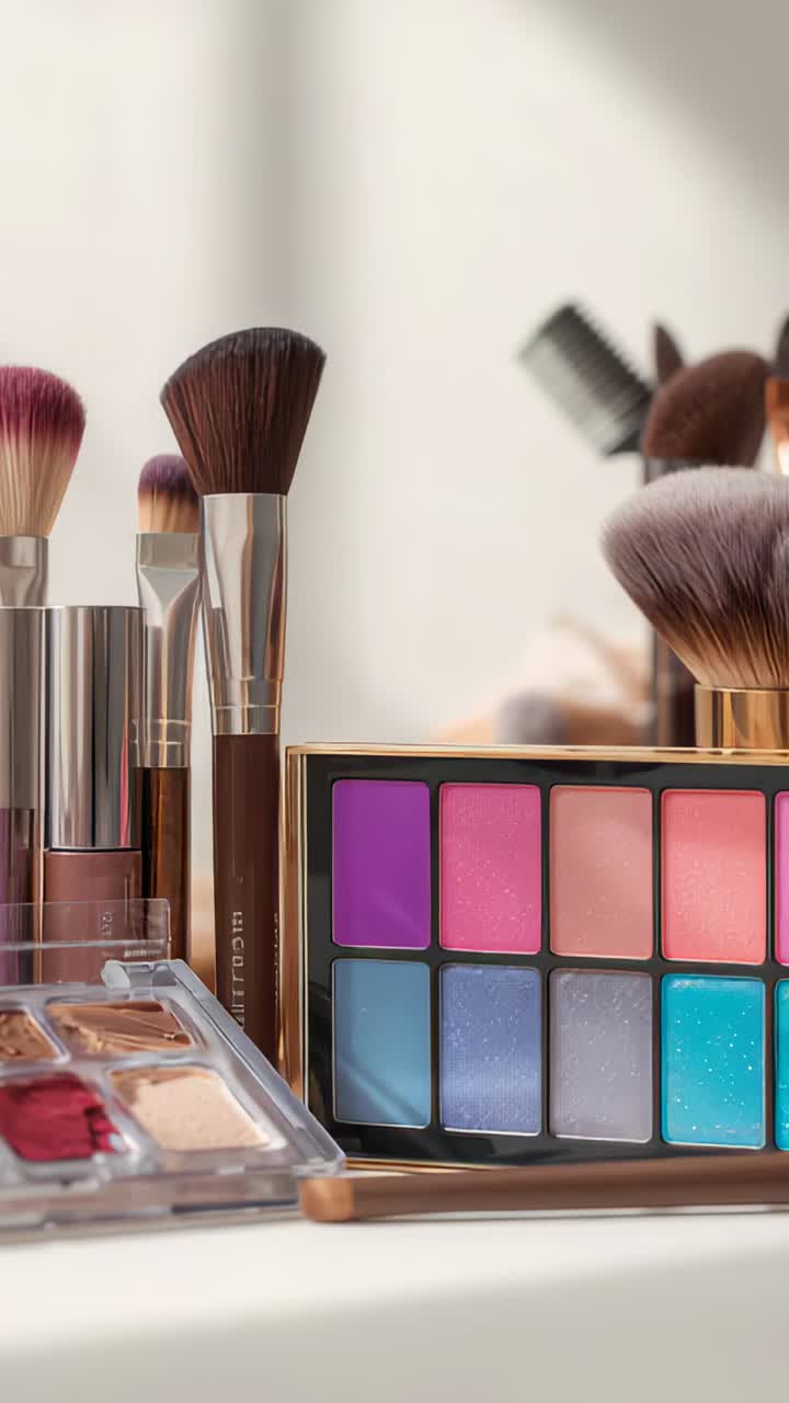 Vertical video: Tilting camera revealing brushes and colorful palette on vanity to highlight shadow