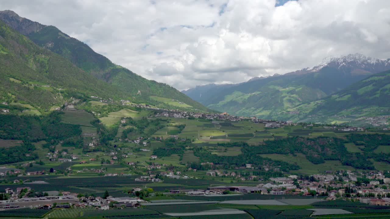 View towards Dorf Tirol - Tirolo across parts of Meran - Merano in South Tyrol, Italy