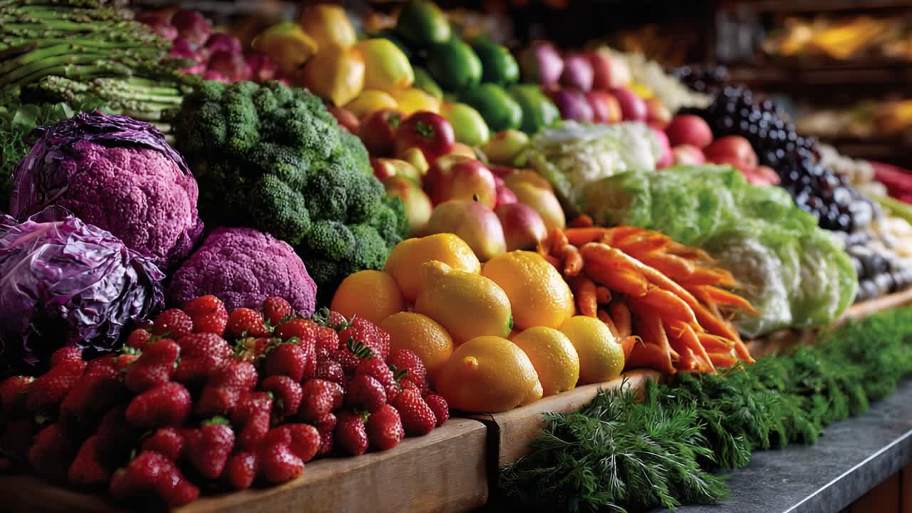 Vibrant Display of Fresh Fruits and Vegetables in a Colorful Market Stall with Organic Produce Arranged Aesthetically for an Eye-Catching Presentation