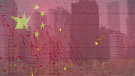 animation of flag of china and data processing over cityscape