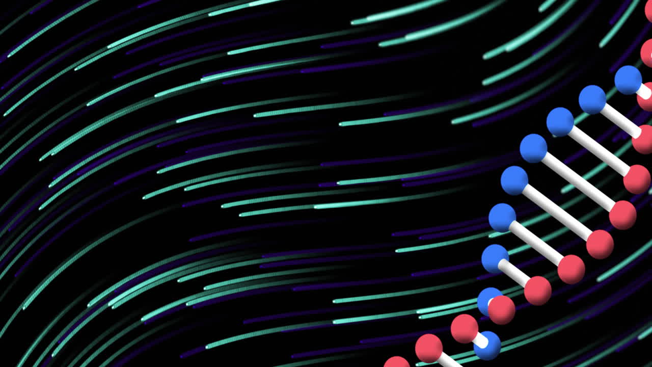 Animation of dna strand and green and blue trails on black background