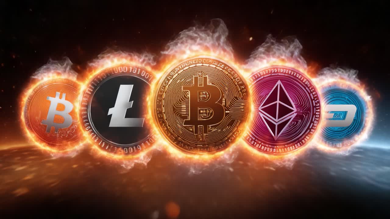 Dynamic Representation of Prominent Cryptocurrencies Showcasing Their Unique Logos Surrounded by Flames and Energy, Emphasizing Their Growing Influence in the Digital Economy