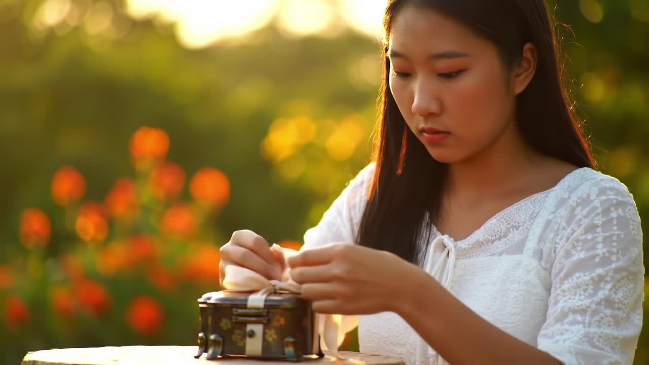 A Young Woman Engaging with a Decorative Box in a Serene Outdoor Setting Surrounded by Vibrant Flowers and Soft, Natural Light