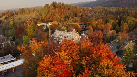 Villa-Construction-Site-Surrounded-By-Colorful-Autumn-Foliage-In-Zakopane,-Poland