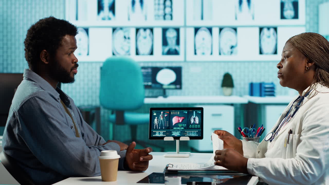 African american medic and patient engaging in detailed consultation