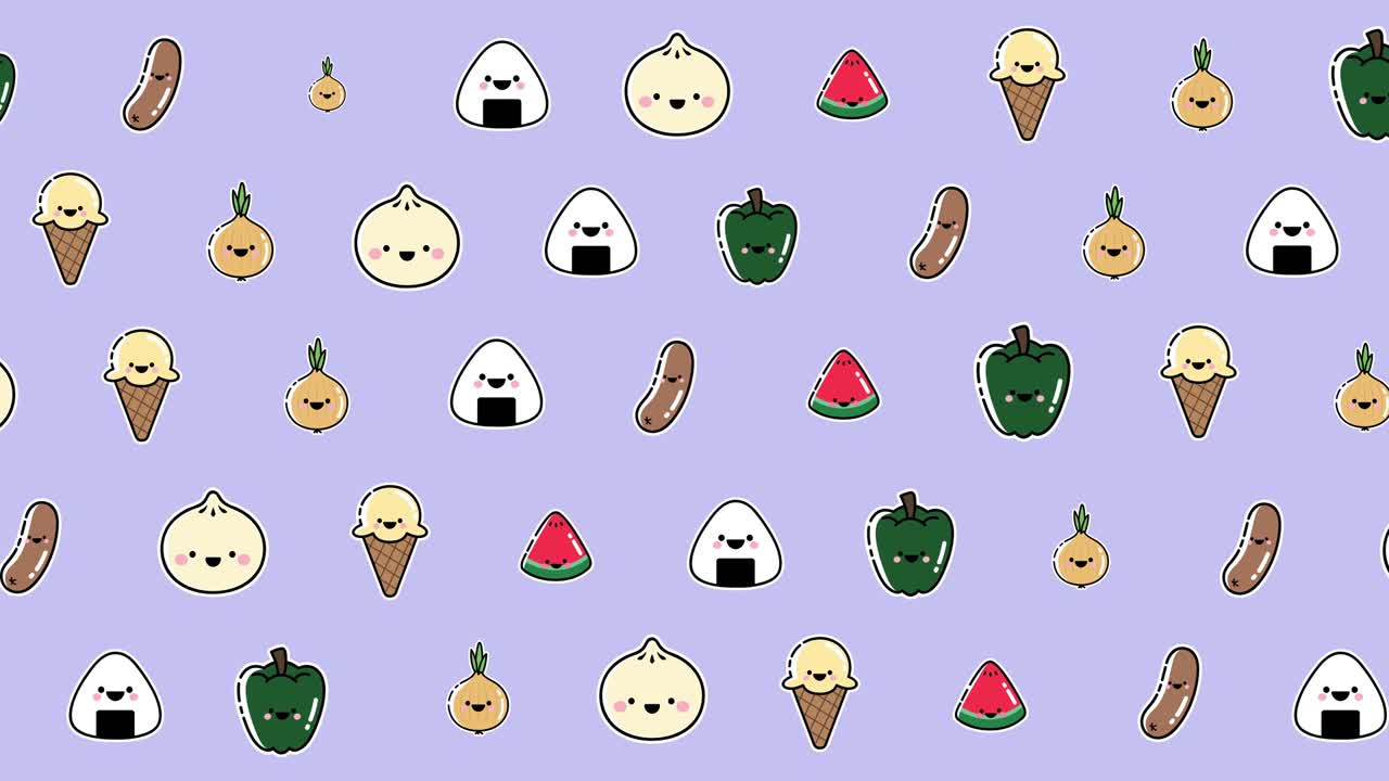 보라색 바탕에 떠다니는 다양한 음식의 애니메이션