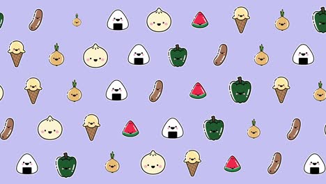 animación de diversos alimentos flotando sobre un fondo púrpura
