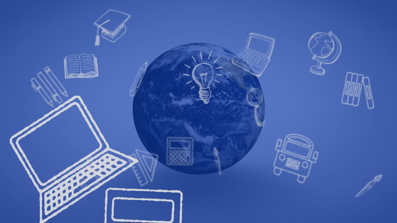 파란색 지구와 파란색 배경 위에 떠있는 학교 아이콘의 애니메이션