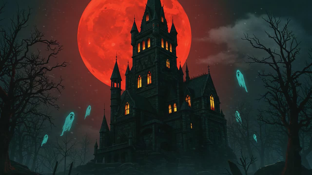 A Mysterious Castle Surrounded by Eerie Ghosts Under a Blood-Red Moon, Emanating an Enigmatic and Haunting Atmosphere of Supernatural Intrigue and Darkness