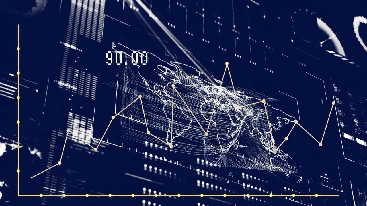 추상적인 배경에 대한 로딩 바, 지도 및 원 위에 변하는 숫자의 애니메이션