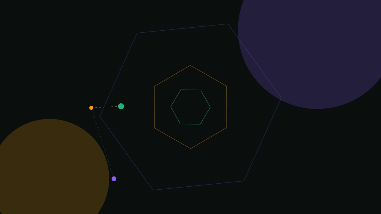 Abstract Geometric Animation with Rotating Hexagons and Orbiting Dots