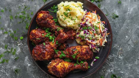 fried chicken with mashed potatoes and coleslaw