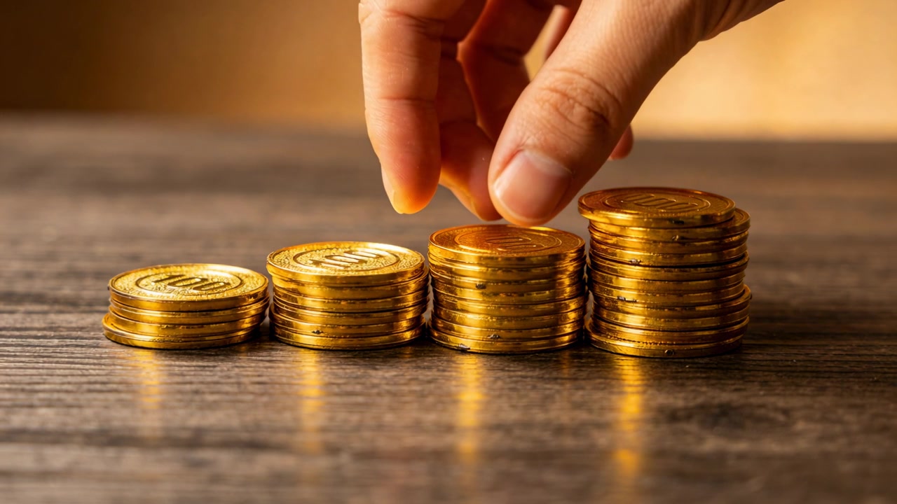 Entering right hand placing coin onto middle-right stack on wooden tabletop, stacking sequentially