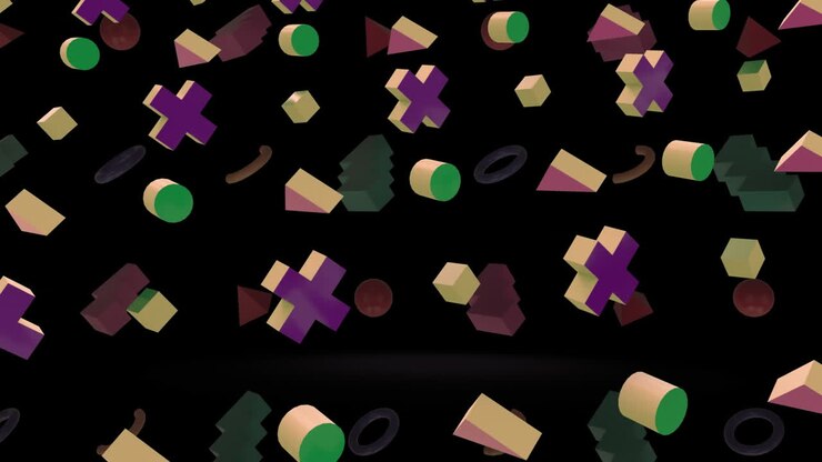 Animation of multiple abstract shapes moving in formation in seamless loop in hypnotic motion