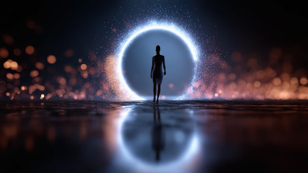 A figure emerges through a luminous portal surrounded by shimmering particles, creating a mystical atmosphere that captivates the viewer's imagination