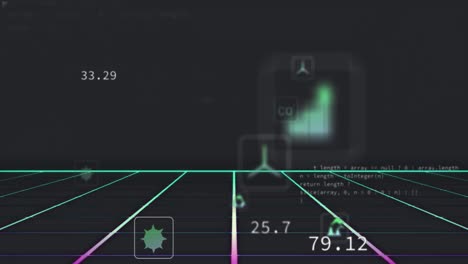 Animation-of-icon-in-squares-over-changing-numbers-and-computer-language-on-black-background