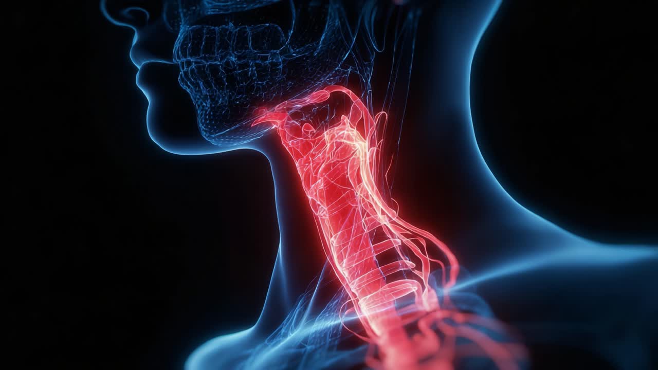 Visualizzazione dettagliata dell'anatomia del collo umano che evidenzia le strutture vascolari e muscolari in una sorprendente combinazione di colori rosso e blu.