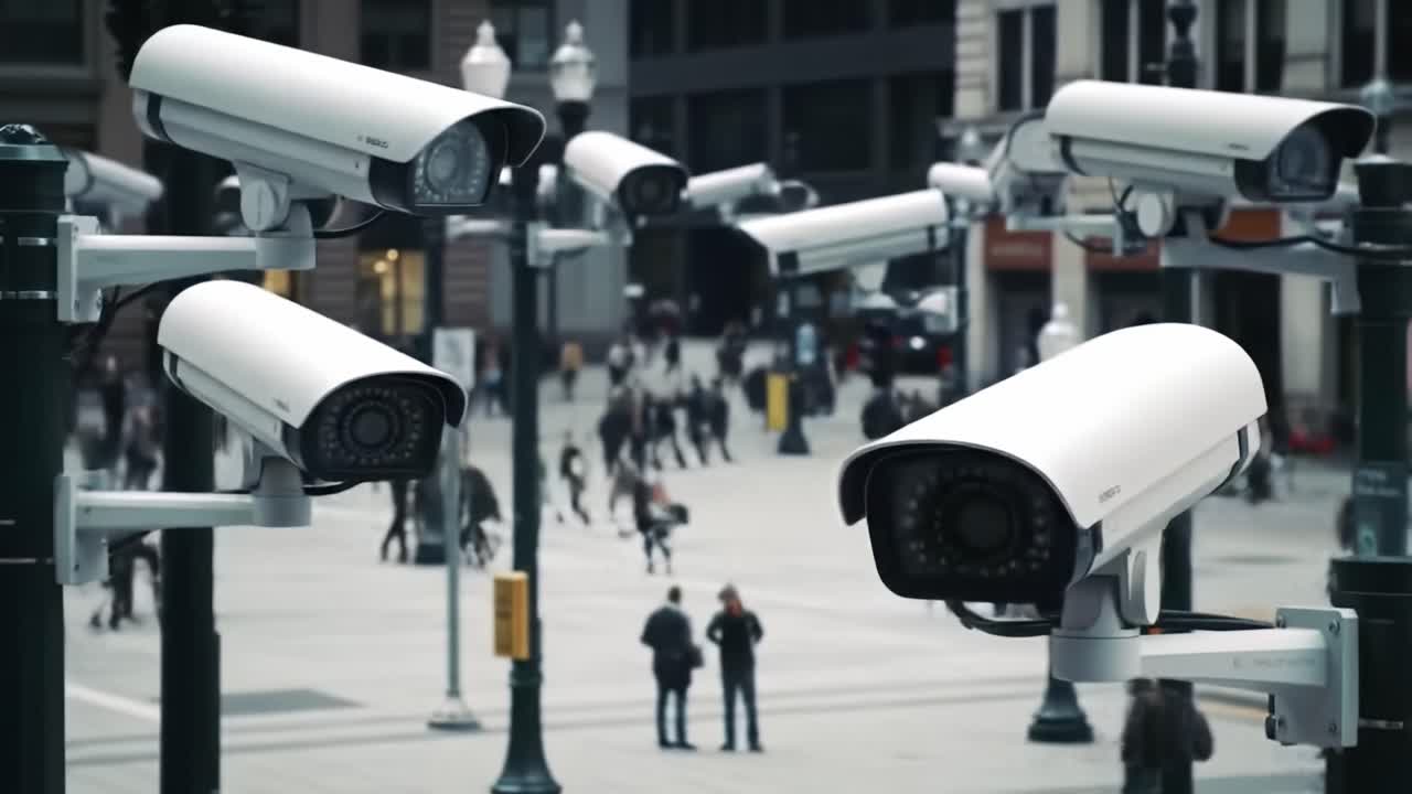 Surveillance Technology: A Network of Security Cameras Overlooking a Busy Urban Square, Monitoring Public Activity and Ensuring Safety in a Modern City