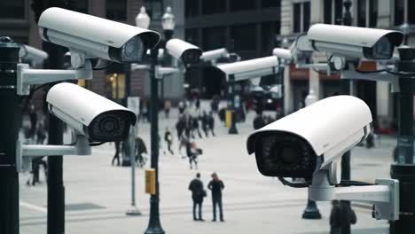 surveillance technology: a network of security cameras overlooking a busy urban square, monitoring public activity and ensuring safety in a modern city