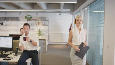 Sexy-new-woman-walking-into-office-interested-men-and-nasty-women-looking-slow-motion-walk-POV-shot-concept-series