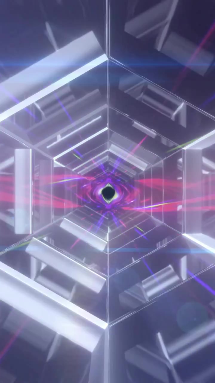 Animation of hexagonal tunnel and multicolored dynamic pattern over black background