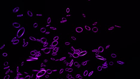 abstract festive background with rows of toruses or rings on plane flashing neon blue red light randomly. black rings rotating in the air. loop beautiful bg in 4k. smooth wiggling animation