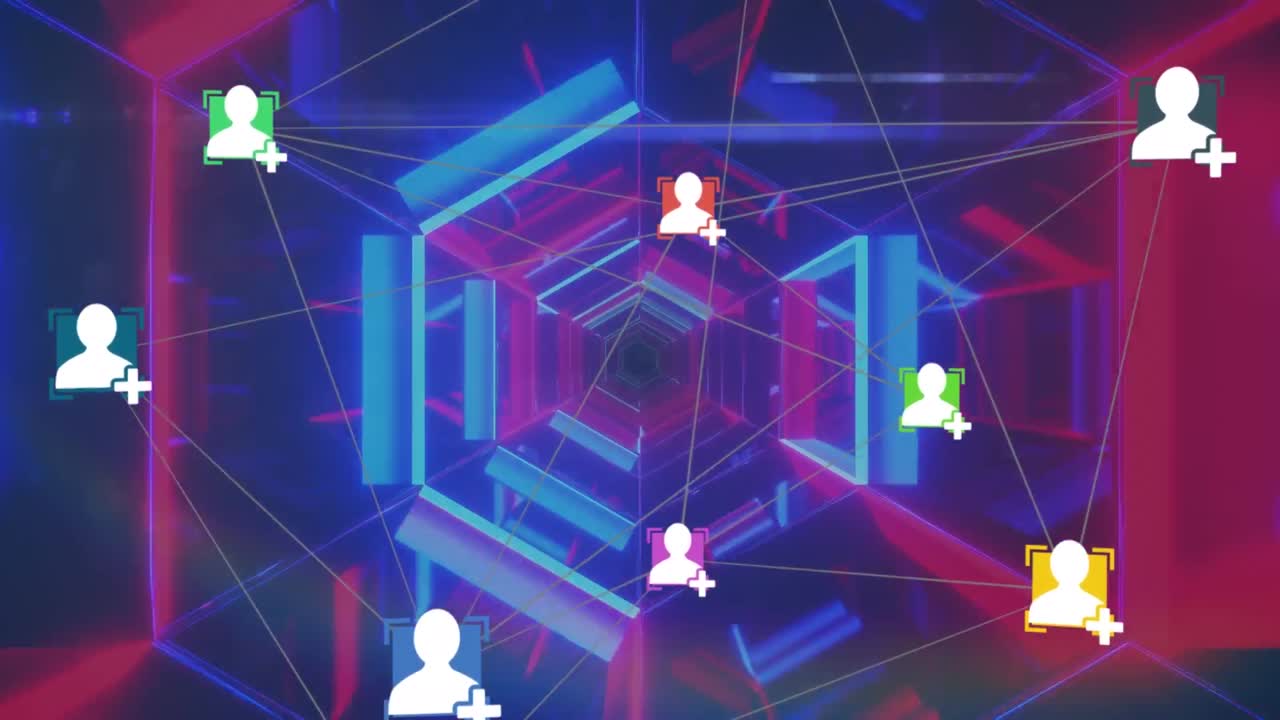 red de iconos de perfil contra un túnel de neón brillante en el fondo