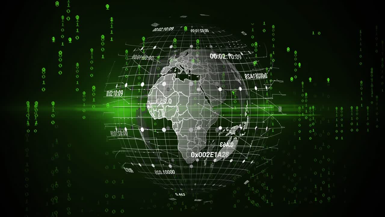 Animation of globe rotating over binary code on black background