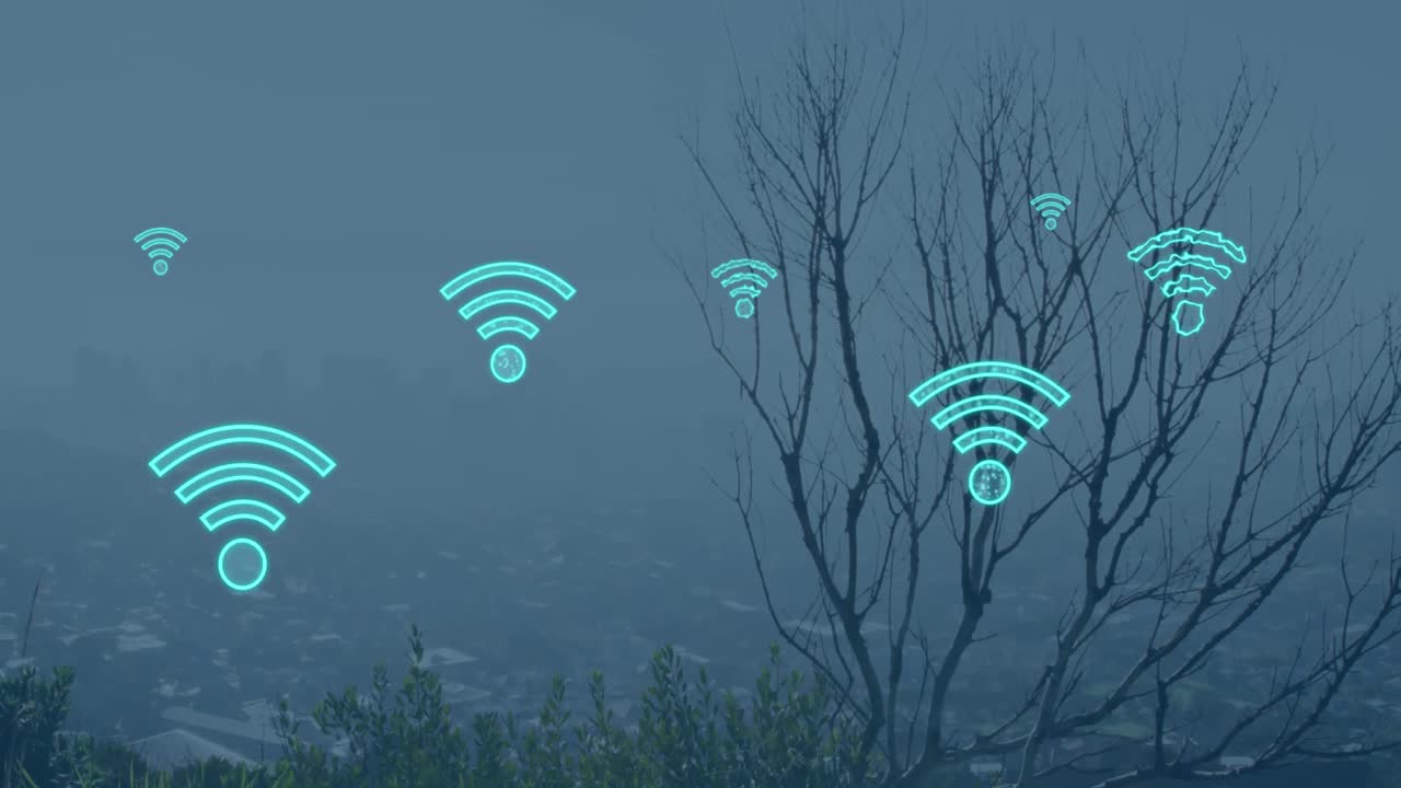 animación de iconos wifi digitales que vuelan sobre el paisaje urbano