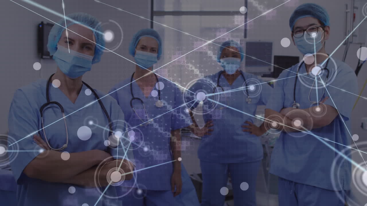 Animación de una cadena de ADN sobre médicos diversos con mascarillas y brazos cruzados.