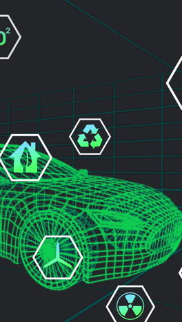 animación de iconos que procesan datos de estado sobre un modelo de coche 3d que se mueve sobre un fondo negro