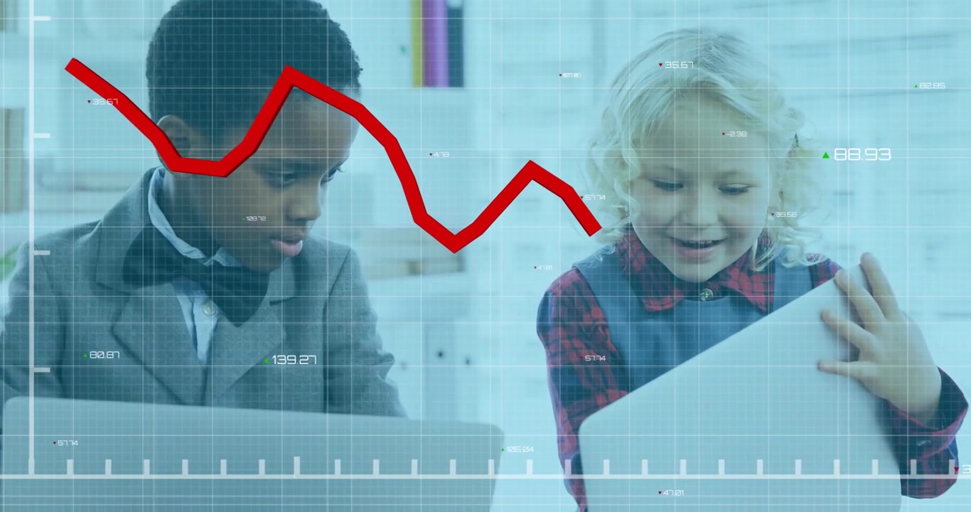 Animation of falling red graph and changing numbers over diverse children using digital tablet